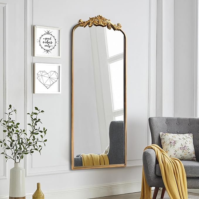 Large Gold Antique Mirror, Tall Arched Floor Mirror,Ornate Design Vintage Wall Mirror Decor for Entryway,Hallway,Living Room,Fireplace 18"X53"