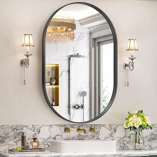 Brightify Black Oval Mirror for Bathroom 26x38 Inch, Metal Framed Bathroom Vanity Mirrors, Modern Wall Mirror for Bedroom Living Room Wall Decorative Hang Vertical and Horizontal