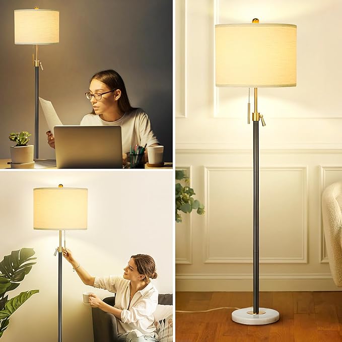 Qingmiao Floor Lamp for Living Room Adjustable Tall Standing Lamp, 3-Way Dimmable Floor Lamp for Bedroom Office, Black Gold Lamp with Marble Base and White Linen Shade