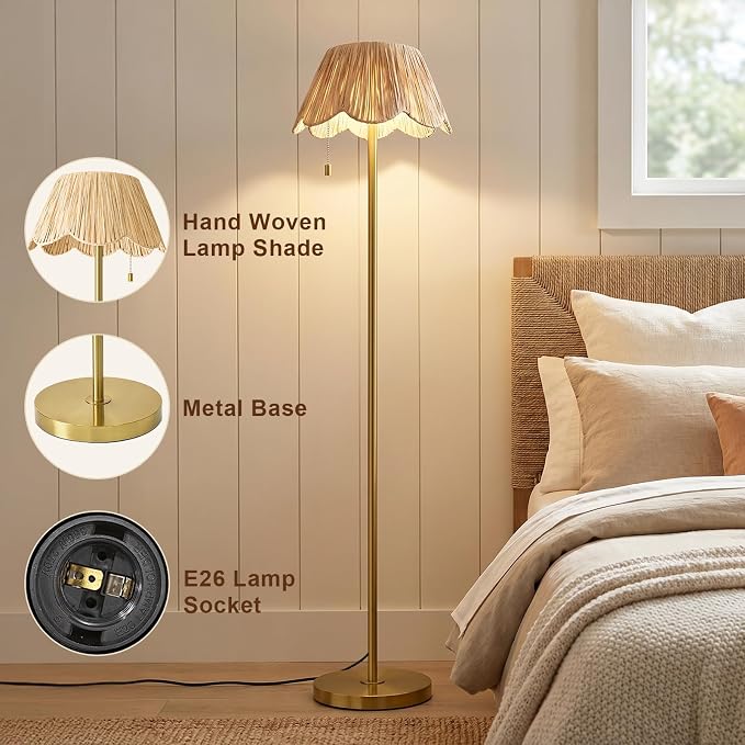 OYEARS 65" Boho Floor Lamps for Living Room, Rattan Floor Lamp, Pull Chain Switch, Gold Standing Lamp with Hand-Woven Shade, Farmhouse Tall Lamps for Nursery, Metal Base&Pole, Bulb not Included, Gold