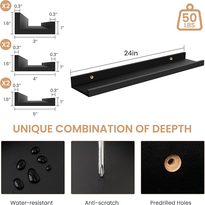 Picture Ledge Shelf, Floating Shelves Set of 6, 24 inch Long Picture Shelf for Wall with Lip, Wall Mounted Shelves for Bedroom, Living Room, Bathroom, Kitchen,Black