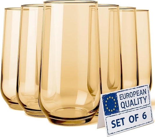Amber Drinking Glasses Set of 6 | Translucent Yellow Glassware | 16 oz Amber Glass Cups | Highball Drinkware for Cocktails, Long Drink, Mojito, Juice, Soda | Modern Sun-Tinted Drinkware