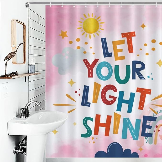 Pink Rainbow Shower Curtain for Bathroom, Boho Cute Inspirational Motivational Quotes Rainbow Colorful Baby Kids Girls Waterproof Fabric Shower Curtain Set with Hooks, 72"x72" Inch