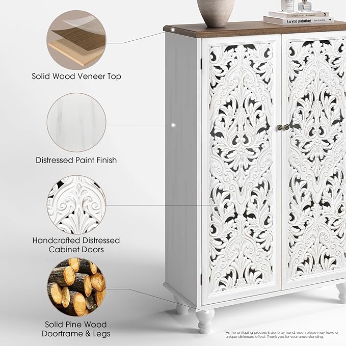 47" Tall Accent Cabinet with Carved Doors, Distressed White Wood Storage Cabinet with 3-Tier Shelves, Boho Farmhouse Sideboard Buffet for Small Spaces, Entryway & Living Room