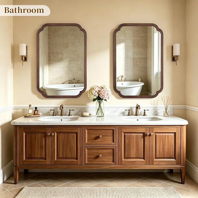 HOMECOOKIN Wood Bathroom Mirror for Wall Decor Arched Rounded Corner Rustic Wood Frame Wall Mirror Home Decorative for Vanity, Living Room, Bedroom, Entryway (24 x 36 inch, Walnut)