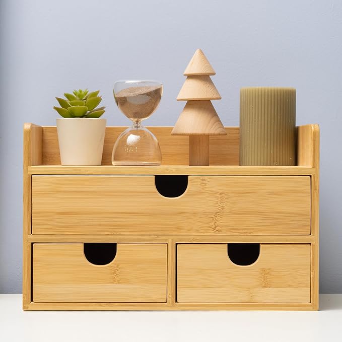 MEEDEN Bamboo Desk Organizer with Drawers: Desktop Storage Container with Shelf - Tabletop Storage Organization Box for Office Home Toiletries Supplies