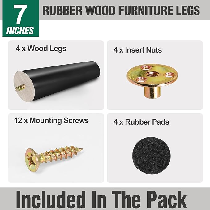 FoDau770 Black Rubber Wood Furniture Legs 7 Inches, Slant Tapered Wood Feet Mid Century Sofa Legs Set of 4, 5/16" UNC Furniture Feet Replacement Parts for Cabinet Couch Dresser Chair Ottoman Table