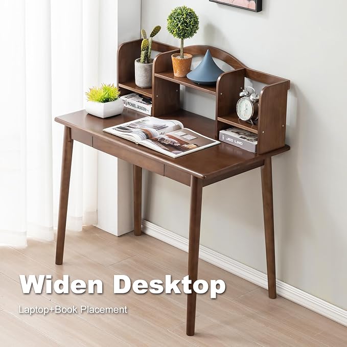 Solid Wood Desk with Drawers, Wooden Computer Desk for Home Office, Gaming Study Desk for Small Spaces, Writing Work Desk for Bedroom,Easy Assembly (Walnut Color 40 inch)