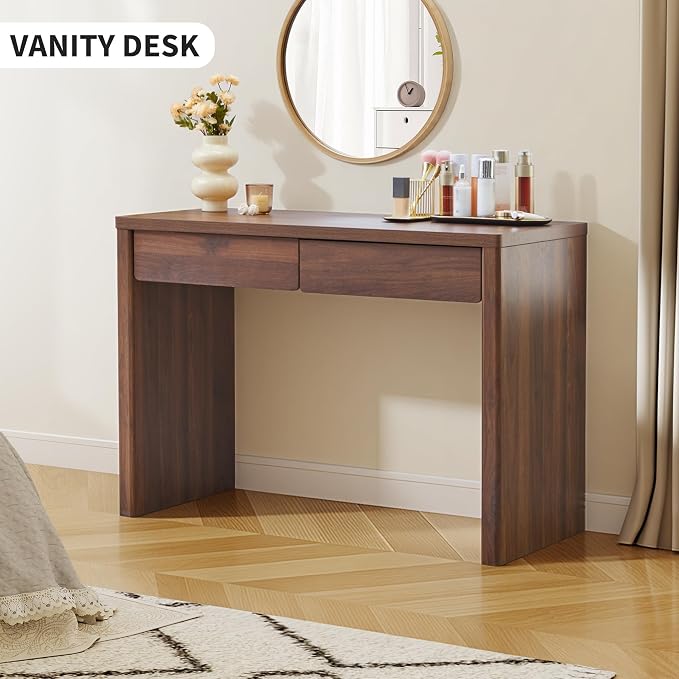 43 Inch Small Computer Desk with 2 Drawers, Mid Century Modern Writing Study Table for Home Office, Vintage PC Work Desk with Storage for Bedroom Small Spaces, Easy Assembly, MDF - Walnut