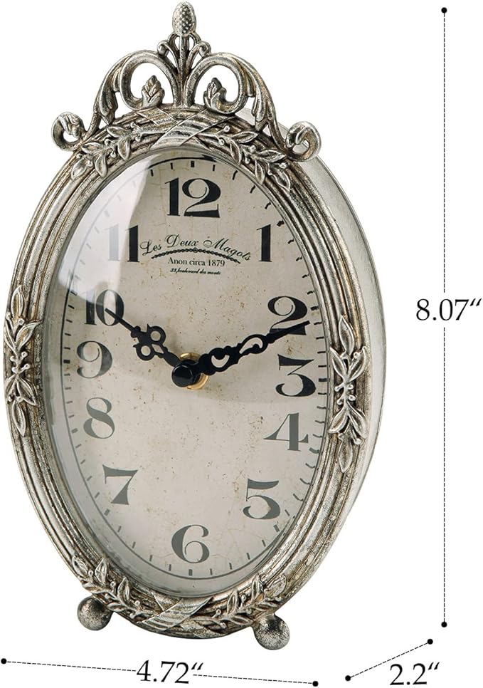 NIKKY HOME Small Vintage Table Clock, Silent Elegant Silver Desk Clock | Non-Ticking Battery-Operated Metal Decorative Shelf Clock, Perfect for Living Rooms, Offices, Shelves, Mantels