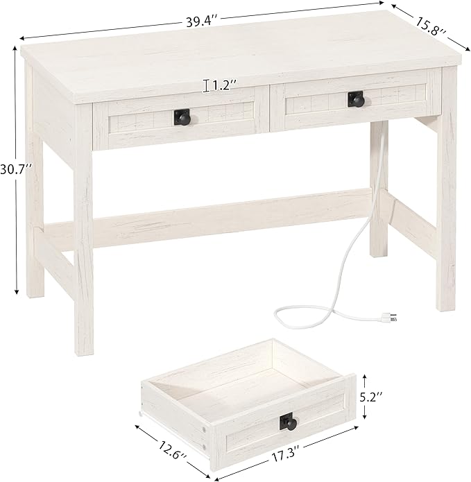 YOMILUVE Farmhouse Computer Desk with 2 Drawers, 39 Inch Small Office Computer Desk with Power Outlets, Compact Writing Study Vanity Desk for Small Spaces, White