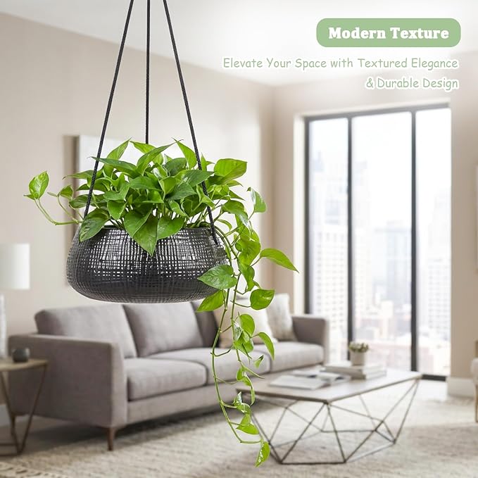 8 Inch Hanging Planters for Indoor Plants - Small Hanging Flower Pots with Drainage Holes Round Ceramics Hanging Plant Pots Black