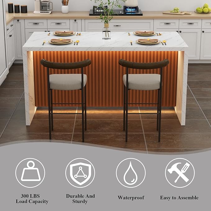 63" Large Imitation Marble Dining Table for 4-6 People,Kitchen Island Table with LED Lights, Mordern Marble Stripes Kitchen Dining Table with Grille design for Dining Room,Living Room (White)