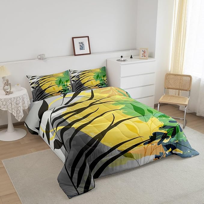 Minimalism Modern Bedding Set Twin Grey Black Yellow Comforter Set, Mid Century Abstract Duvet Insert Geometric Quilt Comforter, Aesthetic Bedding Comforters & Sets Breathable Artists Gifts