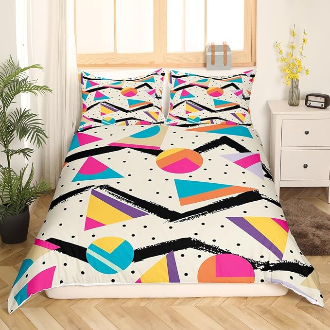 Memphis Duvet Cover Set King Size, Retro 80s or 90s Fashion Style Bedding Set for Kids Boys Girls, Geometric Triangle Circle Comforter Cover Soft Polyester Quilt Cover with 2 Pillowcases,No Comforter