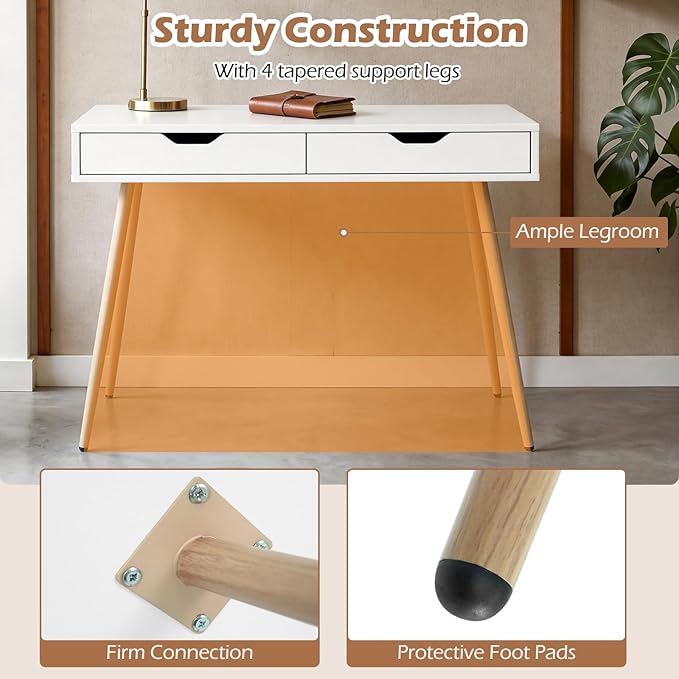 Tangkula White Writing Desk w/2 Storage Drawers, Modern Computer Desk with 4 Rubber Wood Legs, Versatile Small Study Desk for Home Office School, Vanity Table for Bedroom