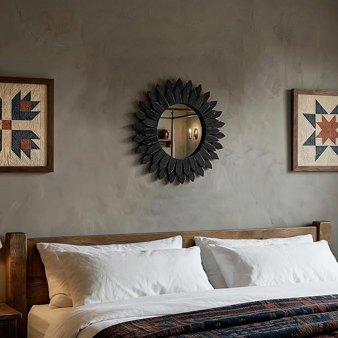 Boho Wood Sunburst Round Wall Mirror, 24 Inch Rustic Circle Wooden Frame Decorative Mirror for Farmhouse Coastal Home, Home Wall Decor for Living Room Entryway Bedroom, Light Wood