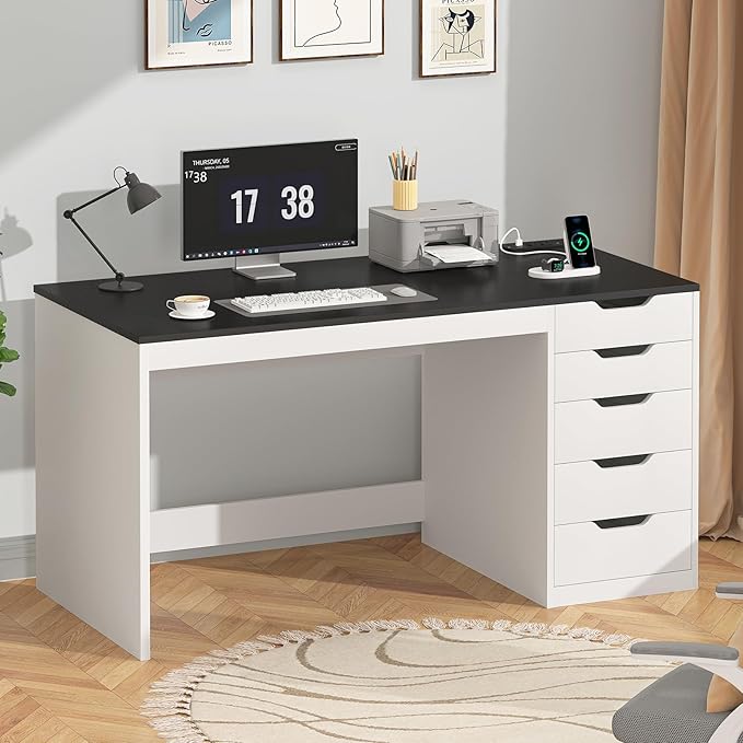 YOMILUVE 47 Inch Computer Desk with 5 Drawers and Power Outlets, Home Office Desks with Storage File Cabinet, Modern Simple Laptop Desk Writing Table for Small Spaces, Black and White