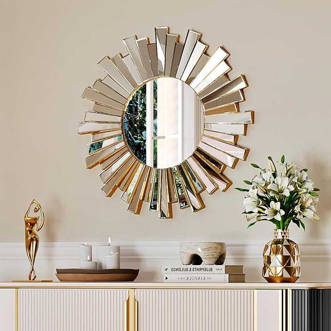 Sunburst Round Wall Mirror - 26" Large Starburst Decorative Mirror with 3D Beveled Glass Frame, Modern Frameless Unique Wall Decor for Living Room, Dining Room, Entryway, Fireplace