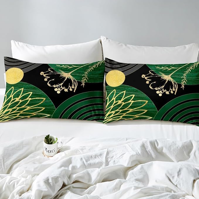 Erosebridal Mid Century Modern Twin Comforter Cover for Kids Teens Adults - Green and Black Abstract Duvet Cover Boho Minimalist Aesthetic Bed Set Chic Modern Geometric Bohemian Floral Bedding Set
