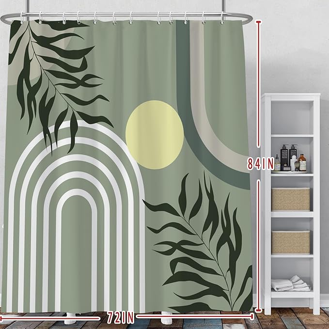 Baocicoo Green Minimalism Boho Shower Curtain Mid Century Abstract Sun Shower Curtain for Bathroom Modern Hostel Hotel Durable Polyester Waterproof Curtain for Bathroom with Hooks 72x84 Inches