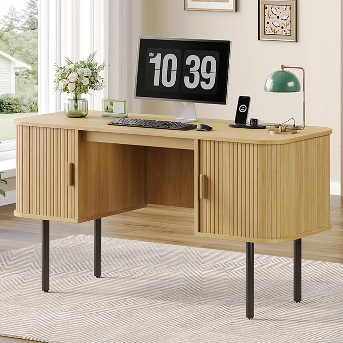 63 Inch Fluted Computer Desk with Power Outlets,Mid Century Wood Office Desk with Storge Cabinets & Sliding Door,Large Executive Desk for Office, Study, Living Room, Bedroom, Oak