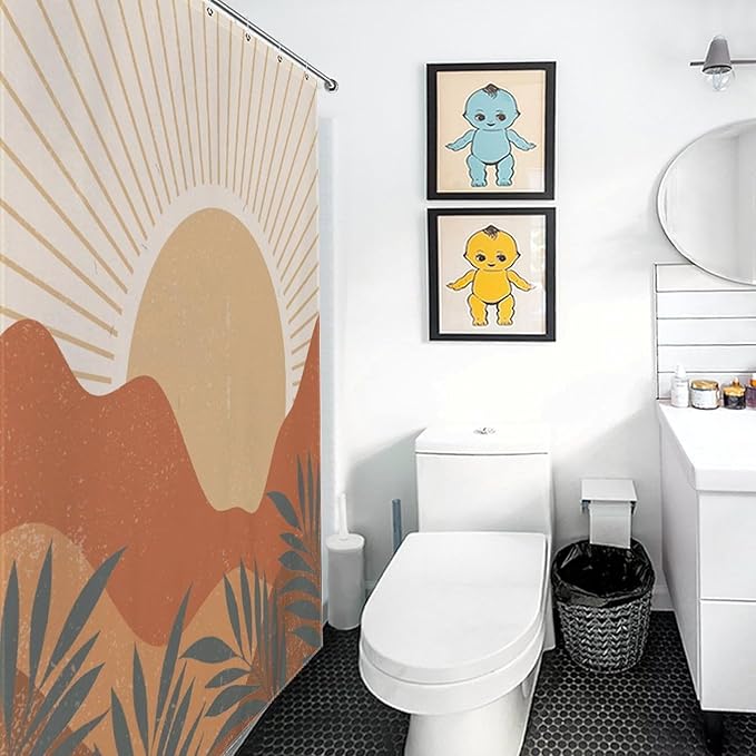 Mid Century Boho Sunset Shower Curtains Vintage Farmhouse Abstract Plant Mountain Sunset Washable Waterproof Fabric for Bathroom Decor Bathtub with 12 Hooks 66x72in（168x183cm）
