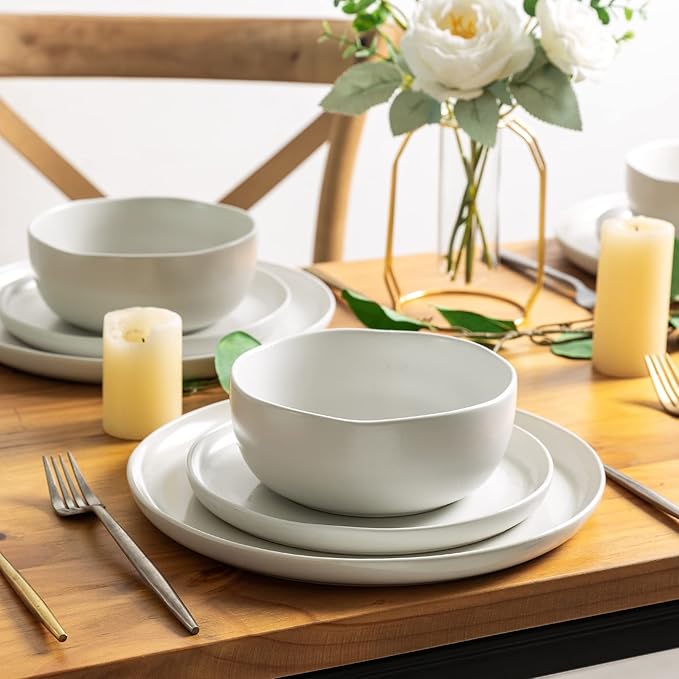 AmorArc Ceramic Dinnerware Sets, Wavy Rim Stoneware Plates and Bowls Sets,Dishwasher & Microwave & Oven Safe Dishes set, Service for 6 (18pc)-Matte White