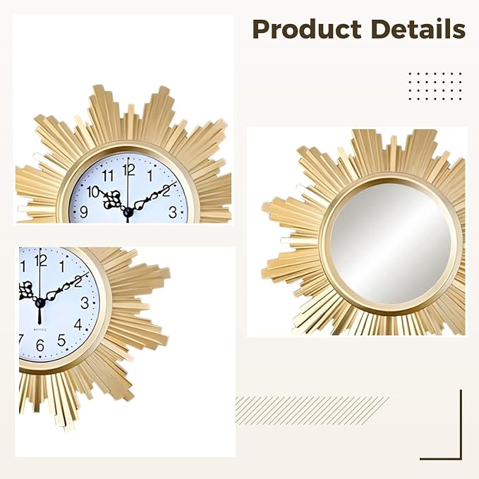 3 Pcs Gold Retro Sunburst Wall Decor Set, 9.8 In Clock And Mirror, Vintage Art, Lightweight, Simple Installation