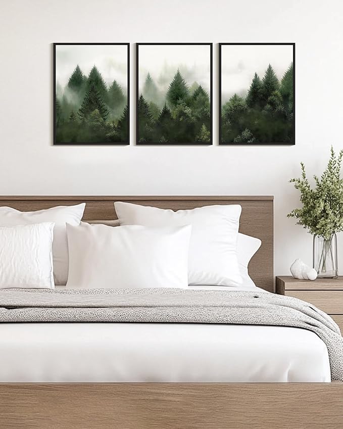 KUVIOKE Morden Green Fog Pine Tree Framed Canvas Wall Art Nature Nordic Forests Artwork Painting Bedroom Decor 12x16in (Black Framed)
