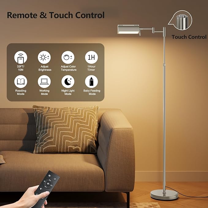 SUNMORY Dimmable LED Pharmacy Floor Lamp, 16W/1500LM Bright Reading Floor Lamp with Remote & Touch Control, 350°Swing Arm, Adjustable Task Craft Standing Lamp for Living Room Bedroom Office, Nickel