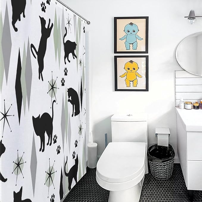 Mid Century Modern Shower Curtain for Bathroom, Rustic Abstract Geometric Black Cat Atomic Green Kittey Retro 1950s 1960s Waterproof Fabric Shower Curtain Set with Hooks, 72"x78"