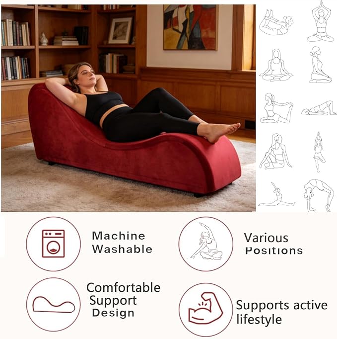 Red Ergonomic Curved Chaise Lounge Chair for Relaxing, Sofa Bench with Heavy-Duty Metal Frame & Removable Velvet Cover