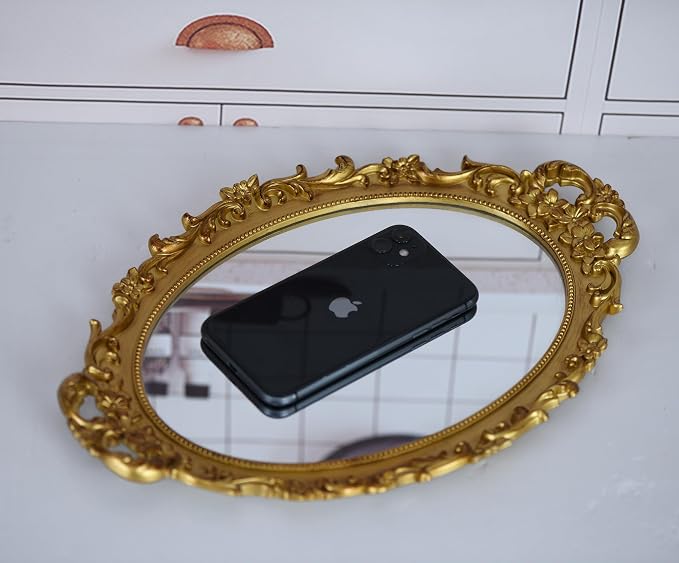 Tstarer 2 Pack - Vintage Decorative Gold Framed Mirror, Wall Hanging Mirrors & Tabletop Tray for Bedroom Living Room Dresser Decor, Oval- 9.6" W x 14.3" L (GOLD-2PACK)