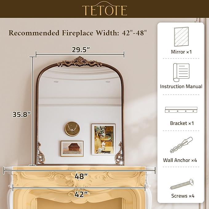 TETOTE Silver Arched Mantle Fireplace Mirror 30 x 36 Vintage Antique Silver Traditional Baroque Ornate Arch Mirror for Bathroom Living Room Bedroom, French Cleat Mount