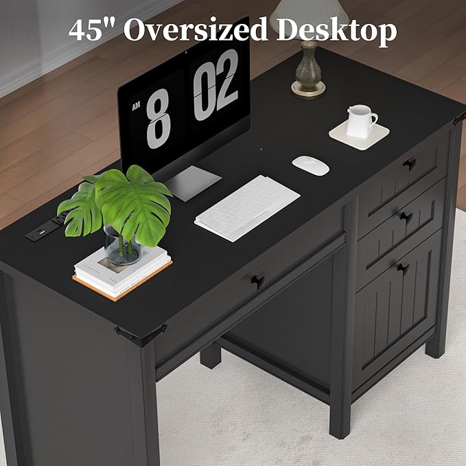 Executive Desk, Farmhouse Computer Desk with Drawers & Cabinet, Home Office Desk for Work Study Writing Workspace (Black, 45")