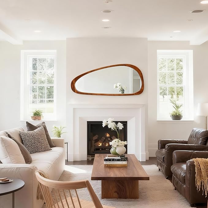 Asymmetrical Wall Mirror with Paulownia Wood Frame, Large Abstract Design for Boho and Mid Century Modern Spaces, Statement Piece for Entryway Living Room Hallway Bedroom 48" H x 22" W