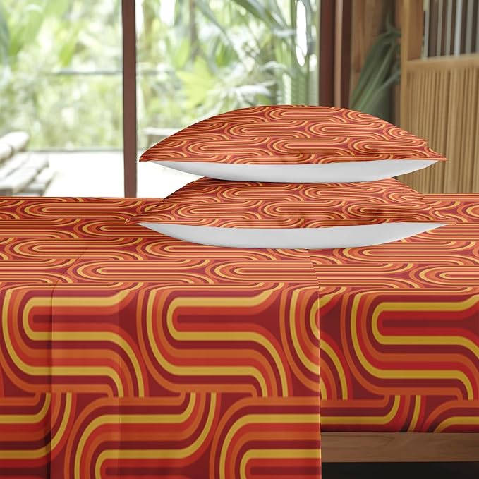 Pamnest Full Size Bed Sheet Sets, 70S Vintage Geometric Soft Microfiber 4 Pcs Bedding Sets for Kids and Adults Bedroom Bed Decor, Mid Century Yellow Flat, Fitted Sheet and 2 Pillowcases