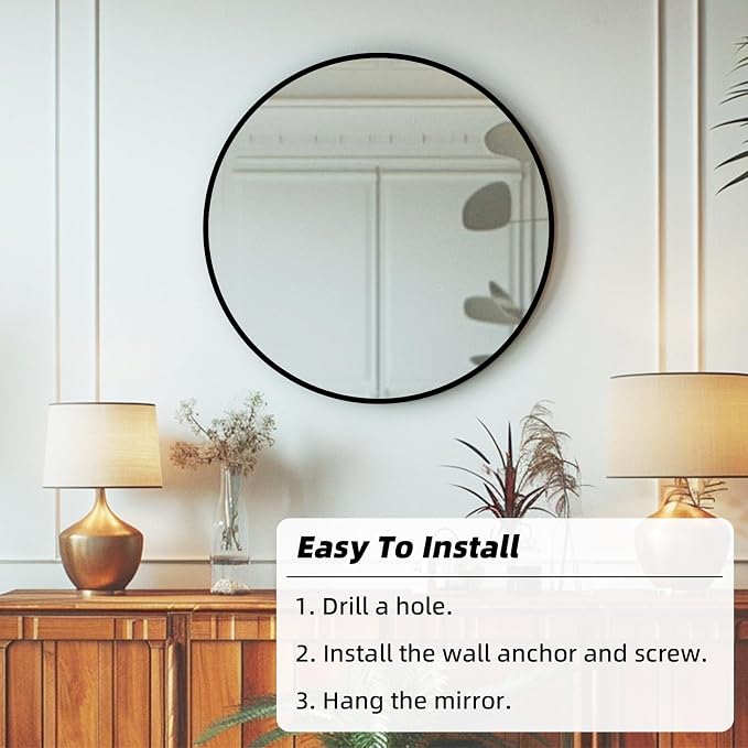 Black Round Mirror 18 inch, Black Circle Mirror, Round Wall Mirrors for Bathroom, Living Room, Hallway, Vanity, Over Sink, Mantel