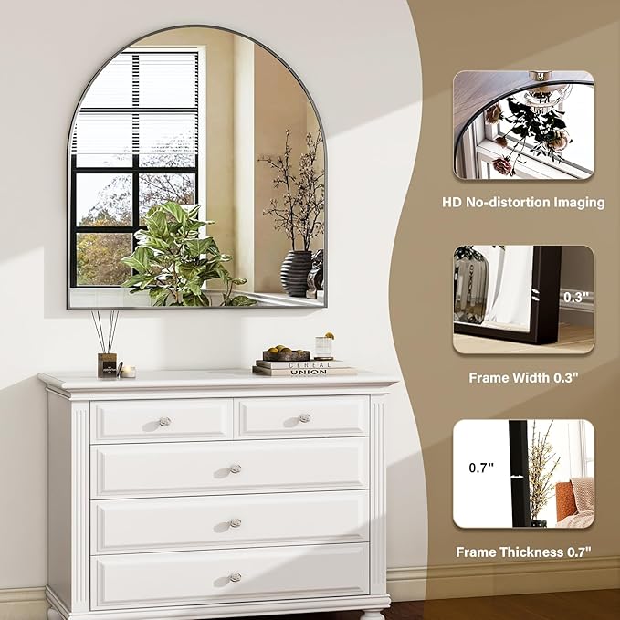 HARRITPURE 26"x28" Arched Bathroom Mirror, Wall Mounted Mirror, Black Arch Mirror, Aluminum Alloy Frame Wall Mirror for Living Room, Bedroom and Entryway
