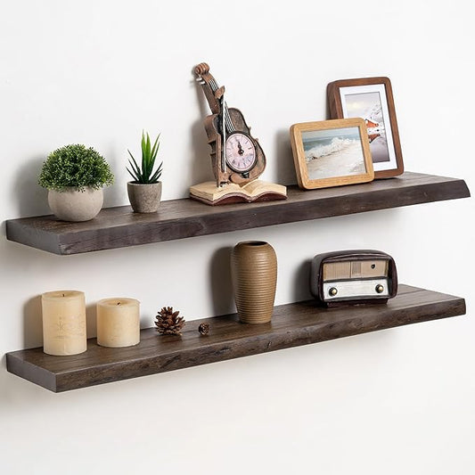 Fun Memories Floating Shelves for Wall Decor Set of 2-36 Inch Solid Elm Wood Live Edge - Rustic Walnut Wall Shelves with Invisible Brackets - for Living Room, Bedroom, Kitchen - Walnut Finish