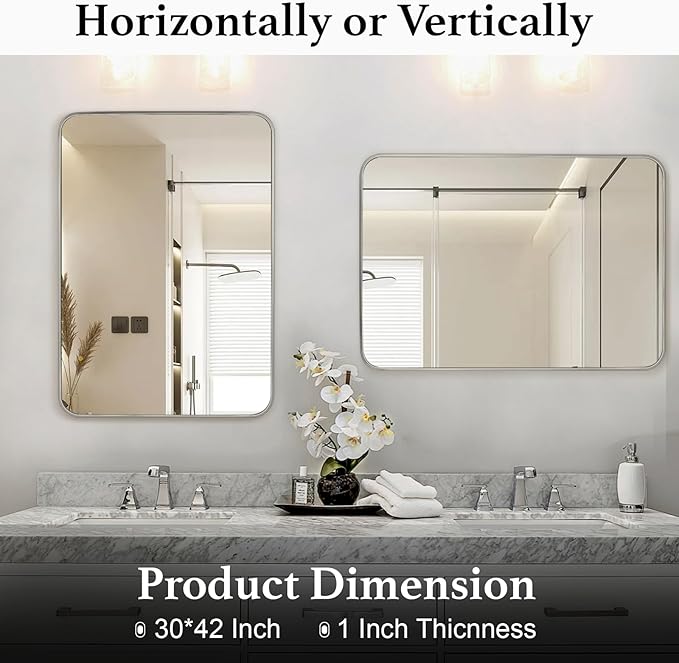 Bathroom Mirror Brushed Nickel, 30 x 42 Inch Metal Frame Rectangle Mirror Rounded Silver Modern Vanity Mirror Anti-Rust for Bathroom, Farmhouse Wall Mounted Vertically/Horizontally