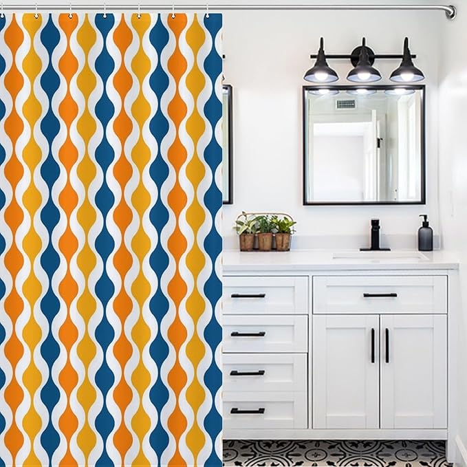 Mid Century Shower Curtain,Retro Colourful Modern Abstract Geometric 1960s Decor Bathroom Curtain Polyester Waterproof Fabric 66x72in（168x183cm）