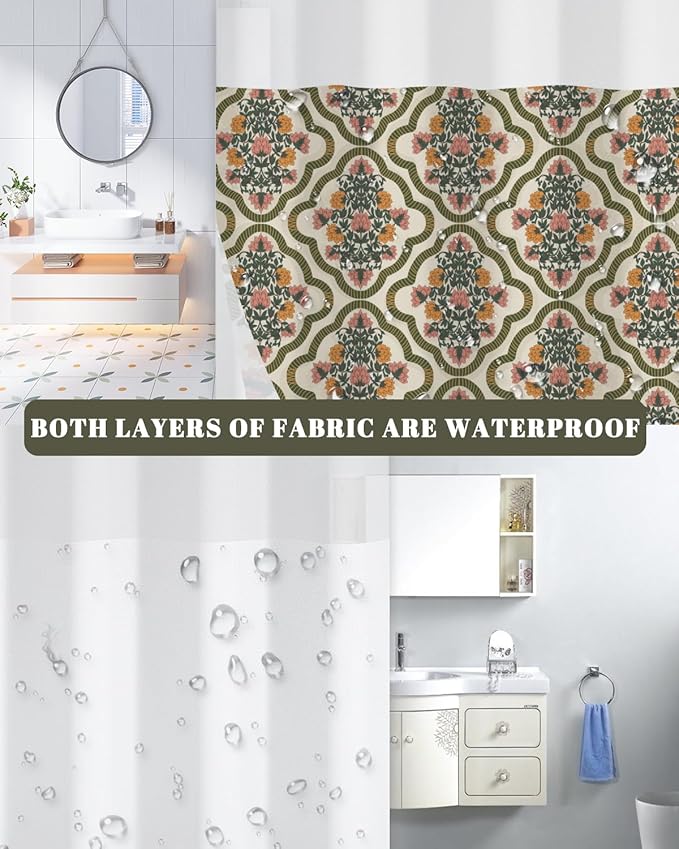 No Hook Shower Curtain and Snap in Liner Set - Vintage Floral Damask Pattern Shower Curtains for Modern Farmhouse & Traditional Bathroom, Mesh Top Waterproof Bath Tub Curtain, 71Wx74H