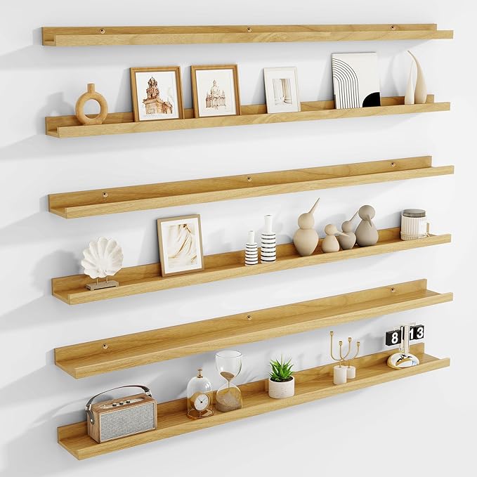 Picture Ledge Shelf Set of 6, 48 inch Long Large Floating Shelves for Wall with Lip, Wall Mounted Shelves for Living Room, Bedroom, Bathroom, Kitchen, Nursery,Oak