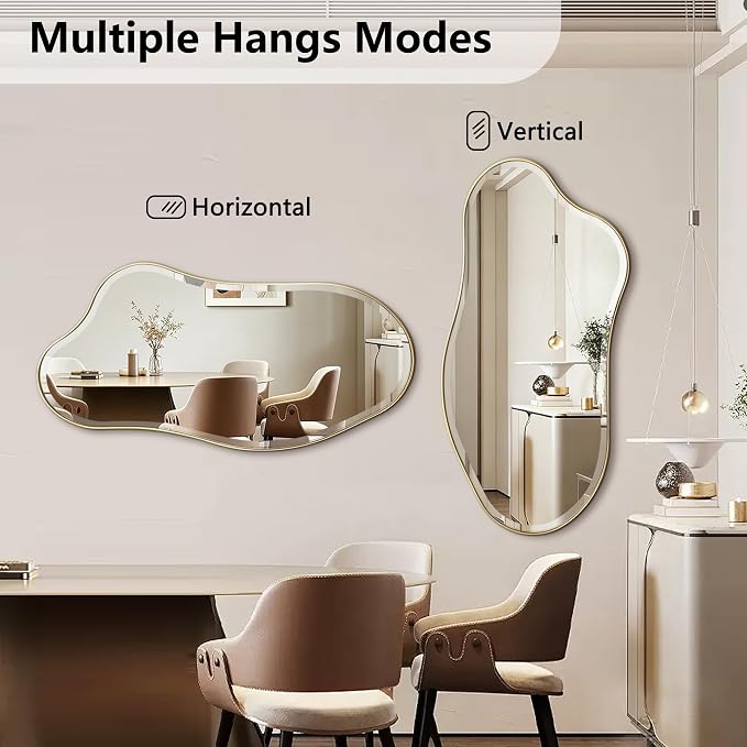 POZINO Irregular Beveled Mirror, 53"x26.5" Modern Organic Shaped Mirror with Metal Frame, Gold Asymmetrical Aesthetic Wall Mirrors for Bathroom Living Room Bedroom Entryway, Horizontal/Vertical