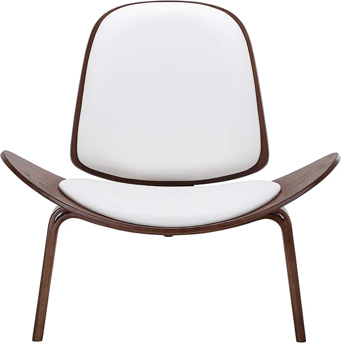 BELLEZE Shell Chairs Set of 2, Armless Mid Century Modern Accent Chairs Faux Leather Shell Lounge Chairs for Living Room Bedroom Office, Tripod Side Chairs with Padded Seat, Solid Wood- Avalon (White)