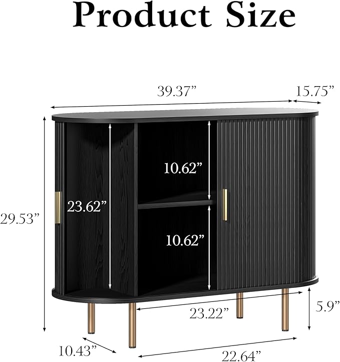 DHH Sideboard Buffet Cabinet with Storage,Mid Century Modern Fluted Accent Coffee Bar Console Table,Tambour Sliding Doors& Adjustable Shelf for Kitchen, Living Room, Entryway (Black, 40 Inch)