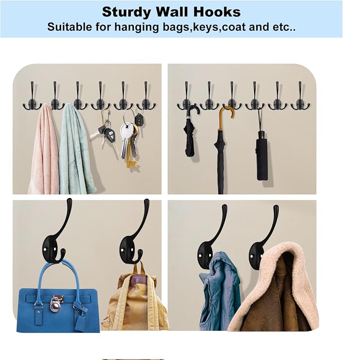 Kruodop 4Pcs Coat Hooks Wall Hooks for Hanging Heavy Duty, Wall Mounted Black Towel Hooks, Metal Single Coat Hanger with Screws Cup Retro for Coats, Handbags, Towels