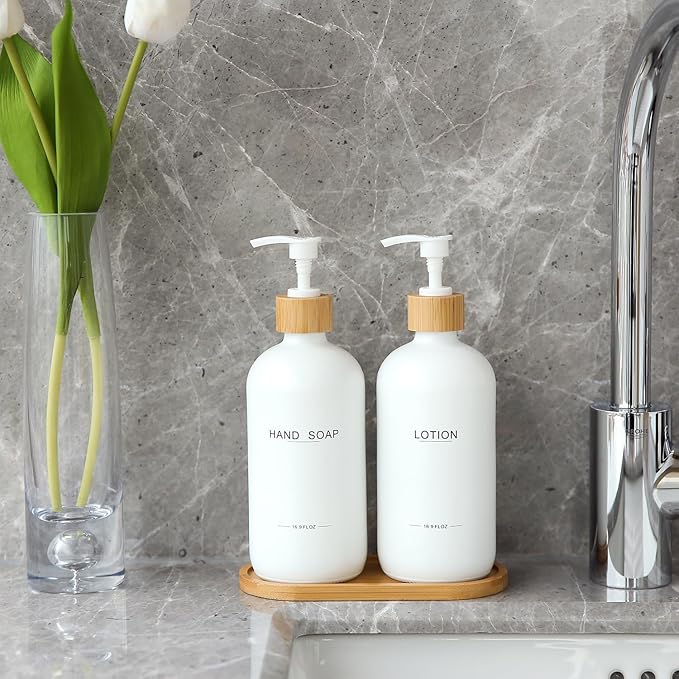 Bathroom Soap Dispenser Set, Bamboo Pumps & Tray, Lotion Dispenser, and Hand Soap Dispenser Bathroom Counter Decor. (White)